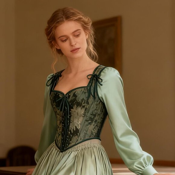 Women's Green Daisy Floral Renaissance Corsets Cottage Core Vest Corset Tops - Picture 4 of 7